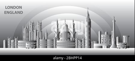 London Skyline Reise Illustration mit wichtigsten architektonischen Wahrzeichen. Weltweites Reisekonzept. Londoner Sehenswürdigkeiten, schwarz-weiß Farbverlauf tou Stock Vektor