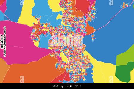 Bunte Vektorkarte von Higüey, La Altagracia, Dominikanische Republik. Art Map Vorlage für selbstdruckende Wandkunst im Querformat. Stock Vektor
