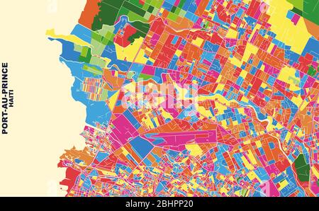 Bunte Vektorkarte von Port-au-Prince, Ouest, Haiti. Art Map Vorlage für selbstdruckende Wandkunst im Querformat. Stock Vektor