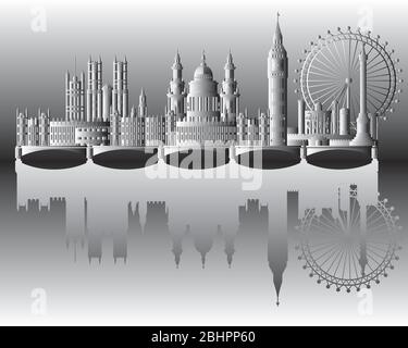 Panorama London Skyline Reise Illustration mit Reflexion. Weltweites Reisekonzept. Londoner Sehenswürdigkeiten, monochromer Gradient englischer Tourismus Stock Vektor