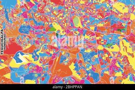 Bunte Vektorkarte von Tegucigalpa, Francisco Morazán, Honduras. Art Map Vorlage für selbstdruckende Wandkunst im Querformat. Stock Vektor