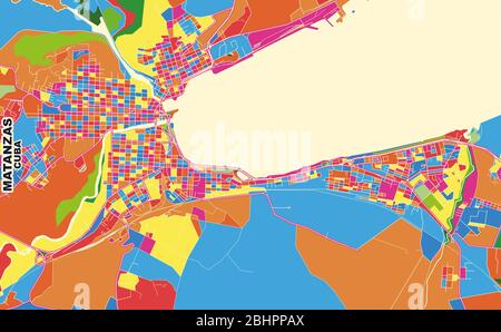 Bunte Vektorkarte von Matanzas, Matanzas, Kuba. Art Map Vorlage für selbstdruckende Wandkunst im Querformat. Stock Vektor