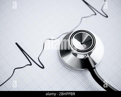 Stethoskop und Kardiogramm des Herzens und EKG. 3d-Rendering-Illustration Stockfoto