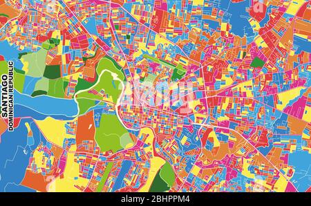 Bunte Vektorkarte von Santiago, Santiago, Dominikanische Republik. Art Map Vorlage für selbstdruckende Wandkunst im Querformat. Stock Vektor