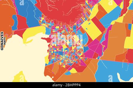 Bunte Vektorkarte von Gonaïves, Artibonite, Haiti. Art Map Vorlage für selbstdruckende Wandkunst im Querformat. Stock Vektor
