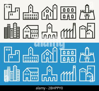 Minimale Gebäude bezogene Gliederungsvektorsymbole gesetzt Stock Vektor