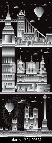 London Skyline Reise vertikale Illustration mit wichtigsten architektonischen Wahrzeichen. Londoner Sehenswürdigkeiten, schwarz-weiß Gradienten Tourismus und Reise vec Stock Vektor
