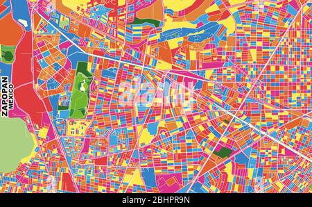 Bunte Vektorkarte von Zapopan, Jalisco, Mexiko. Art Map Vorlage für selbstdruckende Wandkunst im Querformat. Stock Vektor