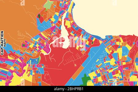 Bunte Vektorkarte von Cap-Haïtien, Nord, Haiti. Art Map Vorlage für selbstdruckende Wandkunst im Querformat. Stock Vektor