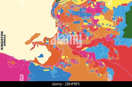 Bunte Vektorkarte von Kingston, Saint James, Jamaika. Art Map Vorlage für selbstdruckende Wandkunst im Querformat. Stock Vektor