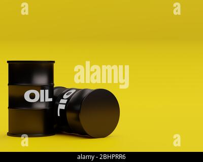 Öl schwarze Metallfässer vor einem leuchtend gelben Hintergrund mit Copyspace - 3d-Rendering Stockfoto