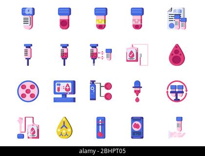 20 flaches Icon Design der medizinischen Hämatologie und Gesundheitswissenschaft auf weißem Hintergrund. Stock Vektor