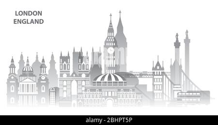 Panorama London Skyline Reise Illustration mit wichtigsten architektonischen Wahrzeichen. Weltweites Reisekonzept. Londoner Wahrzeichen, monochrome Farbverläufe Stock Vektor