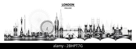 Horizontale Skyline von London. London Sehenswürdigkeiten Tourismus und Reise Reise Illustration. Hintergrund des Gradientenvektors. Reisen weltweit Stock Vektor