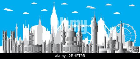Poster zur Skyline von London. London Stadt Wahrzeichen, monochrome Steigung englisch Tourismus und Reise Reise Reise Illustration Vektor Hintergrund. Weltw Stock Vektor