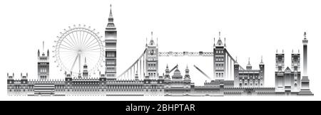 London Skyline Reise Illustration. London Sehenswürdigkeiten, monochrome Steigung englisch Tourismus und Reise Vektor Hintergrund. Panorama weltweit trav Stock Vektor