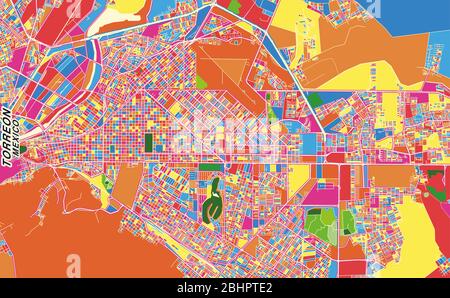 Bunte Vektorkarte von Torreón, Coahuila, Mexiko. Art Map Vorlage für selbstdruckende Wandkunst im Querformat. Stock Vektor