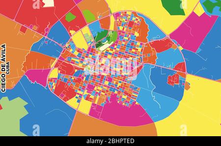 Bunte Vektorkarte von Ciego de Ávila, Ciego de Ávila, Kuba. Art Map Vorlage für selbstdruckende Wandkunst im Querformat. Stock Vektor