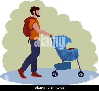 Mann geht mit EINEM Kinderwagen in der Park Vektorgrafik aus der Familie Sammlung. Flache Cartoon-Illustration isoliert auf weiß Stock Vektor