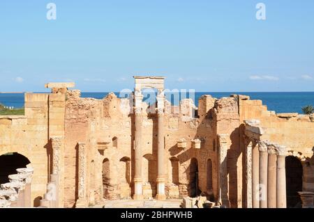 Archäologische Stätte von Leptis Magna in Libyen. Stockfoto