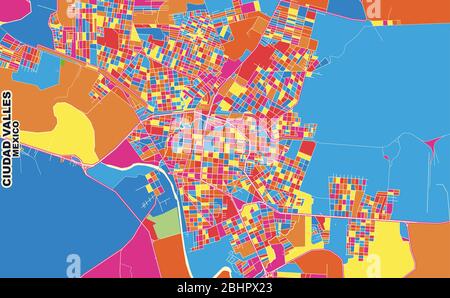 Bunte Vektorkarte von Ciudad Valles, San Luis Potosí, Mexiko. Art Map Vorlage für selbstdruckende Wandkunst im Querformat. Stock Vektor