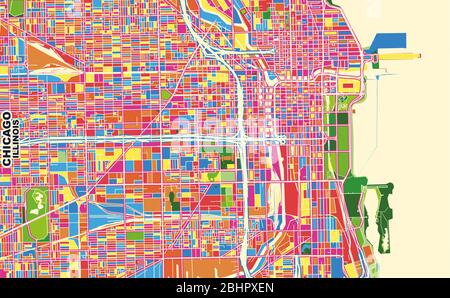 Bunte Vektorkarte von Chicago, Illinois, USA. Art Map Vorlage für selbstdruckende Wandkunst im Querformat. Stock Vektor