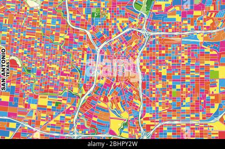 Bunte Vektorkarte von San Antonio, Texas, USA. Art Map Vorlage für selbstdruckende Wandkunst im Querformat. Stock Vektor