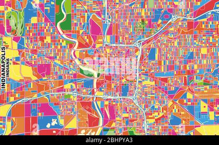 Bunte Vektorkarte von Indianapolis, Indiana, USA. Art Map Vorlage für selbstdruckende Wandkunst im Querformat. Stock Vektor