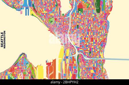Bunte Vektorkarte von Seattle, Washington, USA. Art Map Vorlage für selbstdruckende Wandkunst im Querformat. Stock Vektor