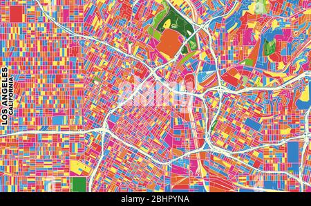 Bunte Vektorkarte von Los Angeles, Kalifornien, USA. Art Map Vorlage für selbstdruckende Wandkunst im Querformat. Stock Vektor