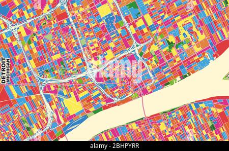 Bunte Vektorkarte von Detroit, Michigan, USA. Art Map Vorlage für selbstdruckende Wandkunst im Querformat. Stock Vektor