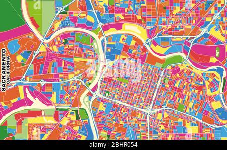 Bunte Vektorkarte von Sacramento, Kalifornien, USA. Art Map Vorlage für selbstdruckende Wandkunst im Querformat. Stock Vektor