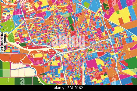 Bunte Vektorkarte von Stockton, Kalifornien, USA. Art Map Vorlage für selbstdruckende Wandkunst im Querformat. Stock Vektor