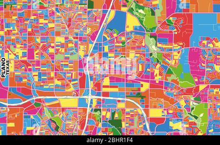 Bunte Vektorkarte von Plano, Texas, USA. Art Map Vorlage für selbstdruckende Wandkunst im Querformat. Stock Vektor