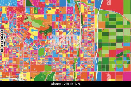 Bunte Vektorkarte von Scottsdale, Arizona, USA. Art Map Vorlage für selbstdruckende Wandkunst im Querformat. Stock Vektor