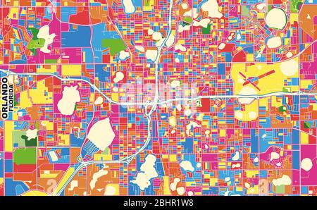 Bunte Vektorkarte von Orlando, Florida, USA. Art Map Vorlage für selbstdruckende Wandkunst im Querformat. Stock Vektor