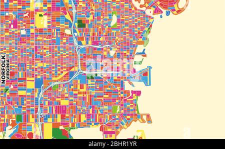 Bunte Vektorkarte von Norfolk, Virginia, USA. Art Map Vorlage für selbstdruckende Wandkunst im Querformat. Stock Vektor