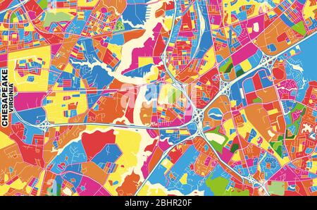 Bunte Vektorkarte von Chesapeake, Virginia, USA. Art Map Vorlage für selbstdruckende Wandkunst im Querformat. Stock Vektor