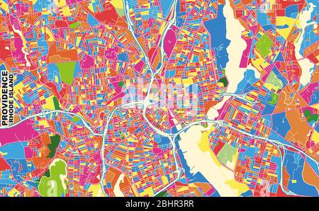 Bunte Vektorkarte von Providence, Rhode Island, USA. Art Map Vorlage für selbstdruckende Wandkunst im Querformat. Stock Vektor