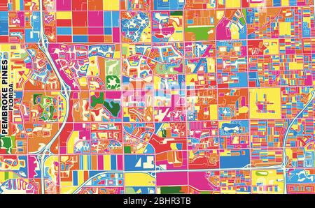 Bunte Vektorkarte von Pembroke Pines, Florida, USA. Art Map Vorlage für selbstdruckende Wandkunst im Querformat. Stock Vektor