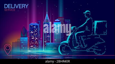 Roller City Lieferbox. Spaziergang Straße Neon-Lichter Lebensmittel Versand Handy App bestellen. Paket Quarantäne Thermal Tasche Rucksack Abendessen Mahlzeit. Schnelle Lieferung Stock Vektor