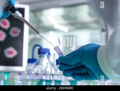 Pharmaforschung, Wissenschaftler Vorbereitung einer Probenflasche für analytische Tests im Labor in der DNA-, Medizin- und Pharmakologie-Forschung verwendet. Stockfoto