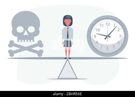 Frist. Totenkopf mit Uhr auf Wippe. Nicht genügend Zeit. Vektorgrafik Stock Vektor