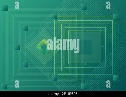 Abstrakter Hintergrund. Quadrate und gekreuzte Linien mit grünem Verlauf. Stockfoto
