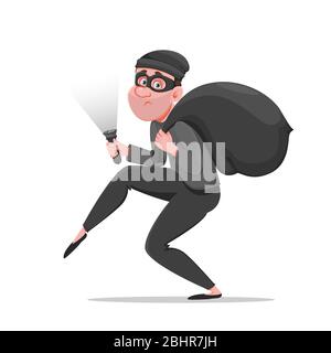 Cartoon Dieb Gehen vorsichtig, Bandit trägt Sack mit Geld. Lustiger Einbrecher. Vektorgrafik auf weißem Hintergrund Stock Vektor