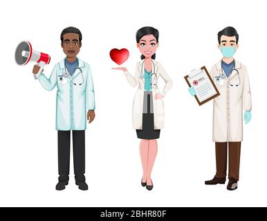 Team von Ärzten, die im Krankenhaus arbeiten. Afroamerikanischer männlicher Arzt, männliche und weibliche kaukasische Ärzte. Vektorgrafik Stock Vektor