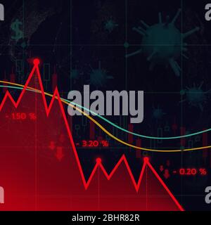 Abstrakter Finanzchart mit Abwärtstrend-Liniendiagramm am Aktienmarkt auf einem roten und blauen Leuchter. Stockfoto