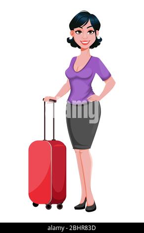 Junge schöne Geschäftsfrau geht auf eine Reise. Nette Geschäftsfrau Cartoon-Charakter mit stilvollen Haarschnitt. Vektorgrafik auf weißem Hintergrund Stock Vektor