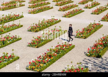 Hannover, Deutschland. April 2020. Marie geht mit Schutzmaske zwischen Blumenbeeten in den Herrenhäuser Gärten. Die Herrenhäuser Gärten mussten wegen der Corona-Pandemie für mehrere Wochen geschlossen werden. Kredit: Ole Spata/dpa/Alamy Live News Stockfoto