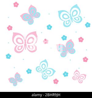 Nahtlose Muster oder Vorlage, isoliert auf weiß, eine Reihe von blauen und rosa Schmetterlinge., Illustrationen Stockfoto